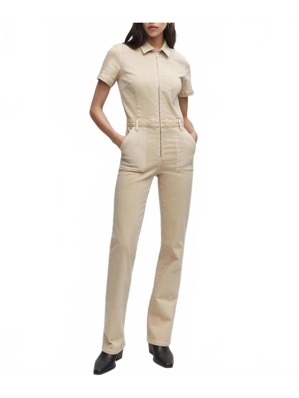 Mango Iggy Denim Zipper Jumpsuit Overall Sand Mono NWT XXL